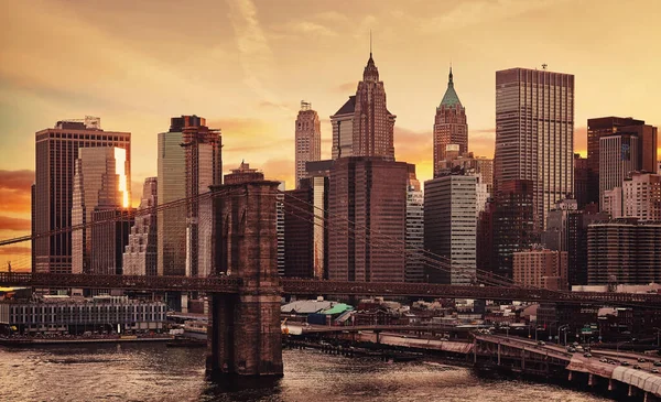 Manhattan Brooklyn Bridge Bij Zonsondergang Kleurtoon Toegepast New York City — Stockfoto