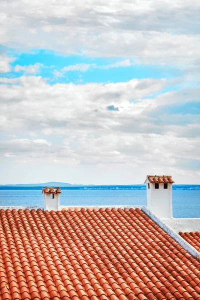 Altes Ziegeldach Mit Meerblick Hintergrund Mallorca Spanien — Stockfoto