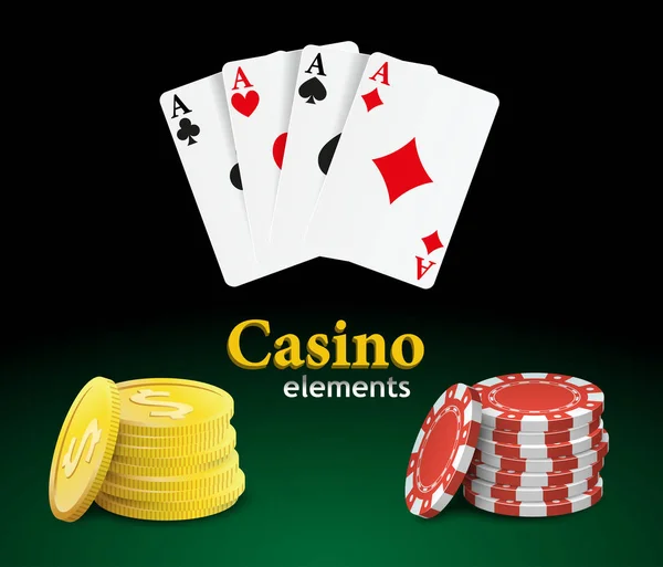 Casino jugando a las cartas y monedas con fichas — Vector de stock