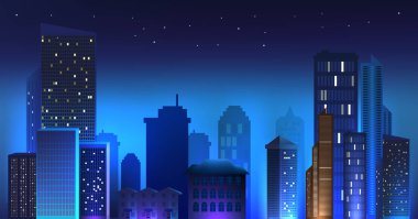 Gece megapolis şablonunda mavi ve mor