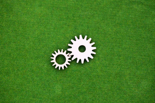 Wooden Gears Green Background Mechanism Interaction Dependence — 스톡 사진