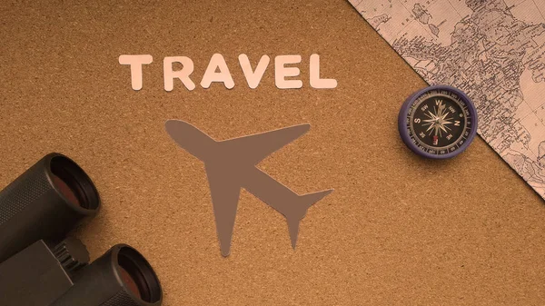 Travel, plane, binoculars, map, compass. Tourism, recreation.