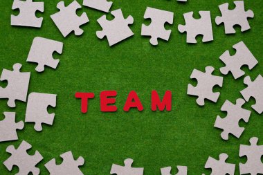 Ekip yeşil arka plandaki bulmacalarla çevrili..