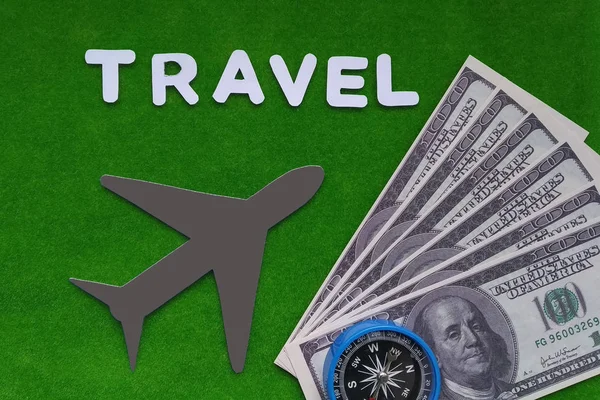 Travel Plane Dollars Compass Green Background Tourism — Stock Photo, Image