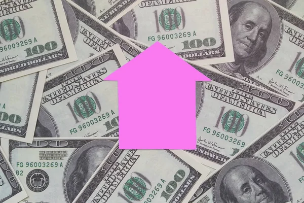 Casa Cor Rosa Fundo Das Notas Dólares Americanos Negócios Compra — Fotografia de Stock