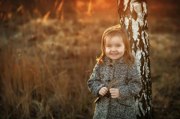 Маленька красива дівчинка стоїть біля берези — стокове фото