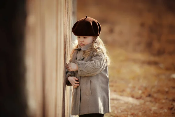 A cute little sad girl stands by the fence. — Stock Photo, Image