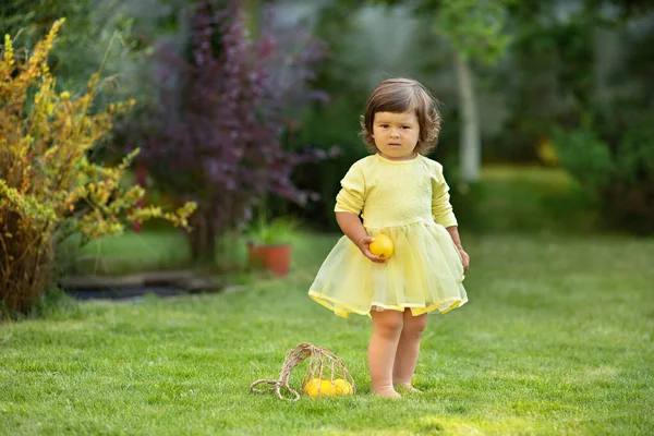 可爱的小女孩把柠檬装在一个绳子袋子里 — 图库照片