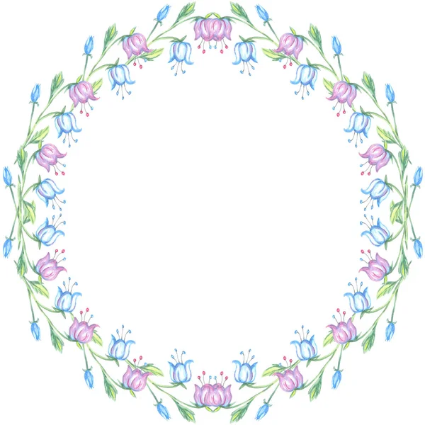 Akwarela Białym Tle Ramka Okrągły Dzwon Kwiat Roślin Ilustracja Natura — Zdjęcie stockowe