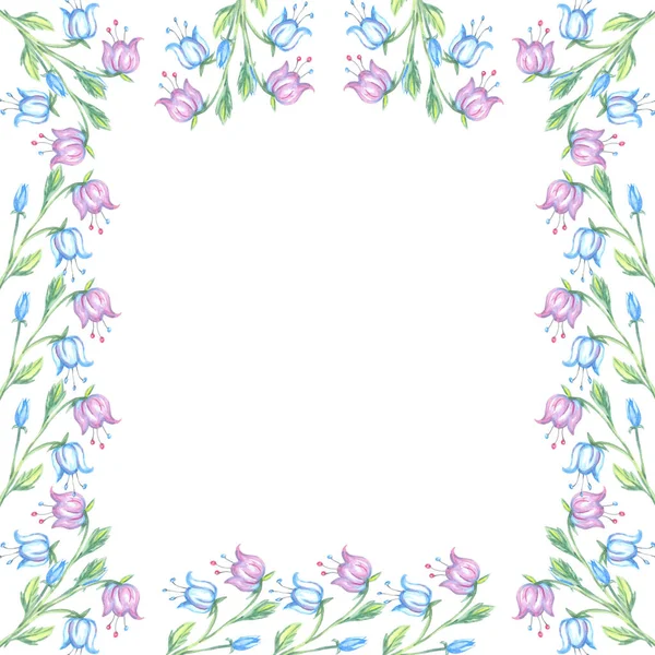 Doğa bitkisinin kabartma çerçevesi beyaz arkaplan çiçeğinin üzerindeki çan suluboya hatlarını çizer