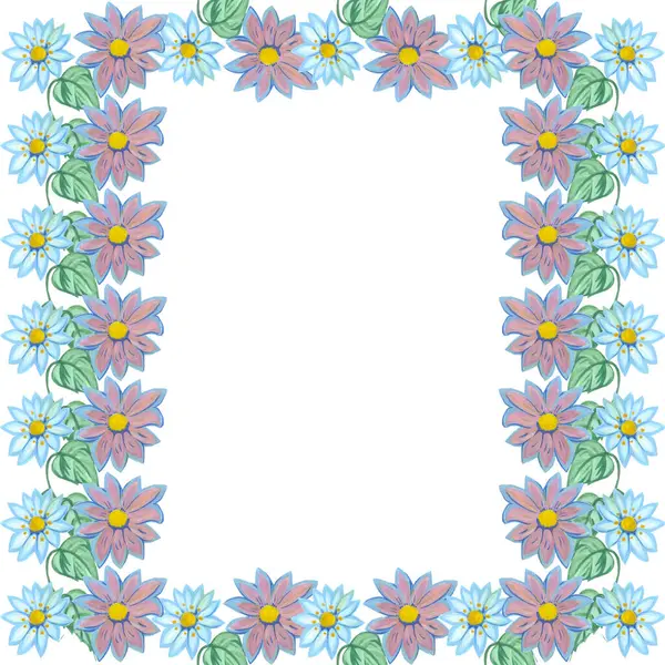 suluboya beyaz arkaplan çerçeve çevresi boyunca papatya çiçekleri mavi leylak