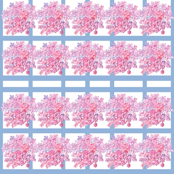 Duvar kağıdı mavisi suluboya kareler beyaz bir zemin üzerinde pembe ortanca çiçeği pürüzsüz konuşmalar