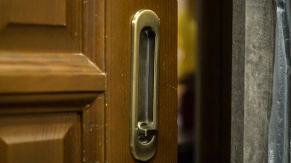 bronze door handles on a brown wooden door