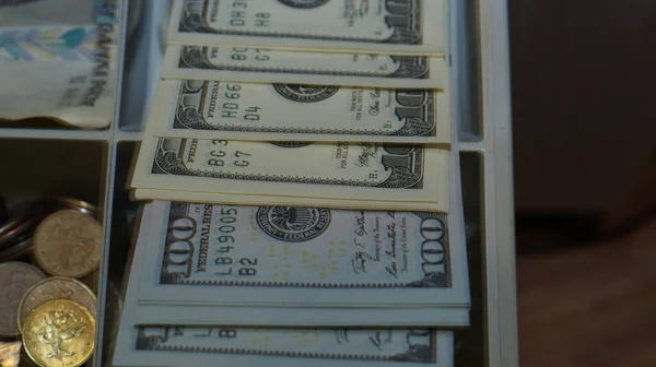 American Dollars Stacked Dark Background Wallet Cash Drawer — Stock Photo, Image