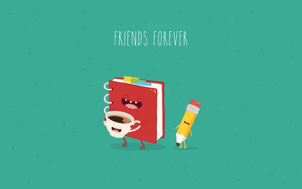 Cahier drôle, crayon et café — Image vectorielle
