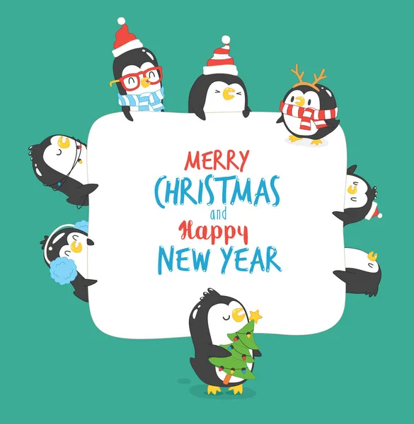 Pingüinos Feliz Año Nuevo tarjeta — Archivo Imágenes Vectoriales