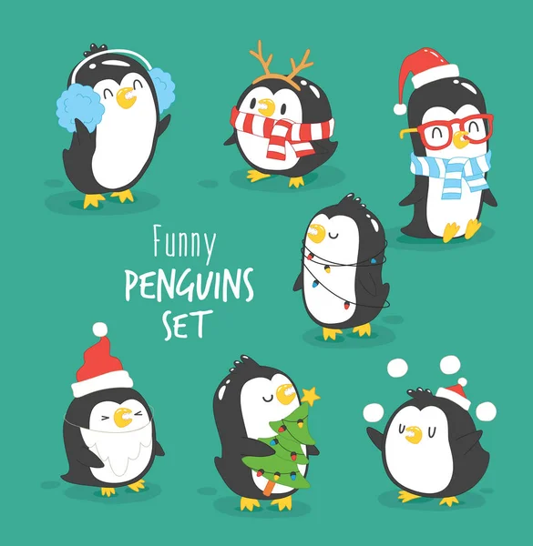 Christmas penguins set — Stock Vector