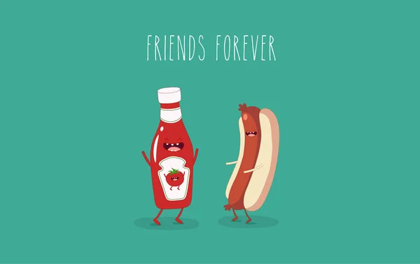 Vicces kolbász, és ketchup üveg — Stock Vector