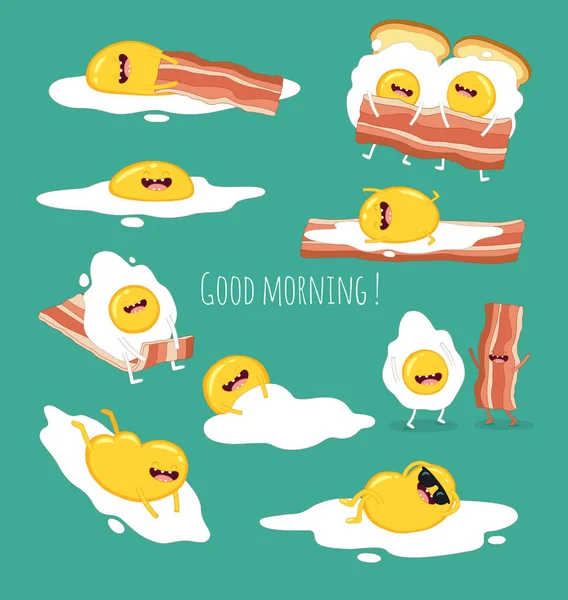 Смішні смажені яйця з беконом і хлібом — стоковий вектор