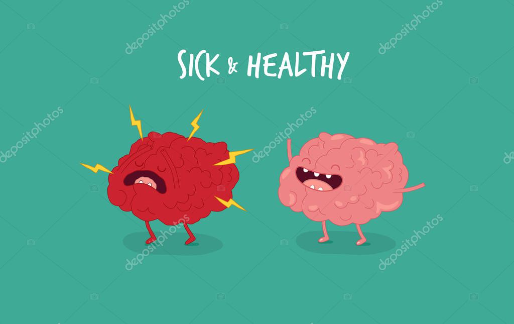 Funny illustration with cartoon characters of healthy and sick brain organs
