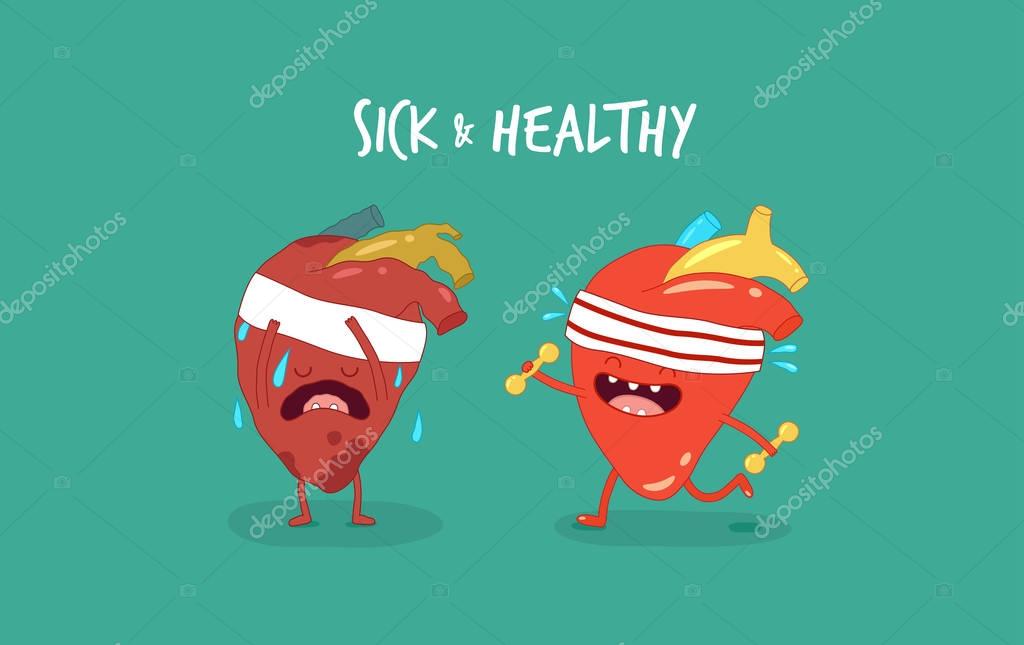 Funny illustration with cartoon characters of healthy and sick hearts