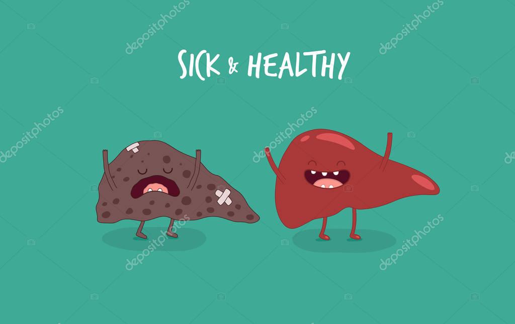 Funny illustration with cartoon characters of healthy and sick liver organs