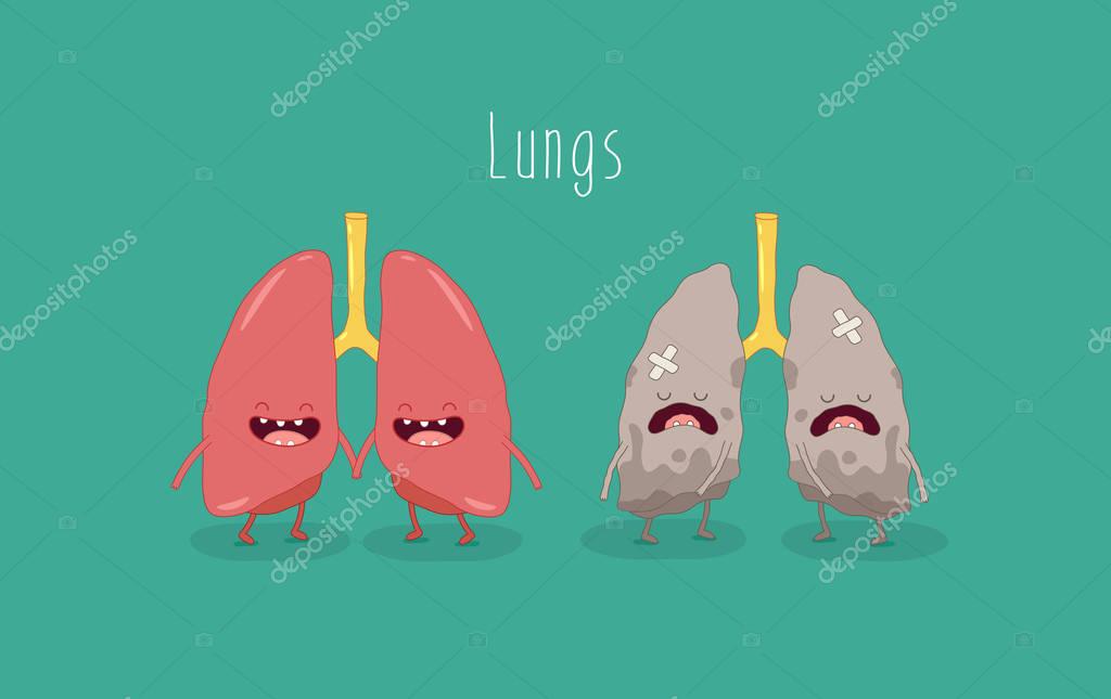 Funny illustration with cartoon characters of healthy and sick Lungs
