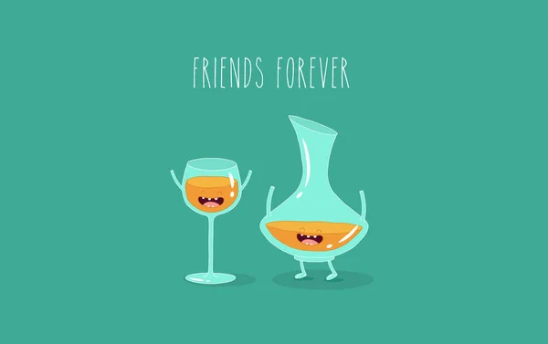 Vino Vidrio Frasco Amigos Para Siempre Vector Ilustración — Vector de stock