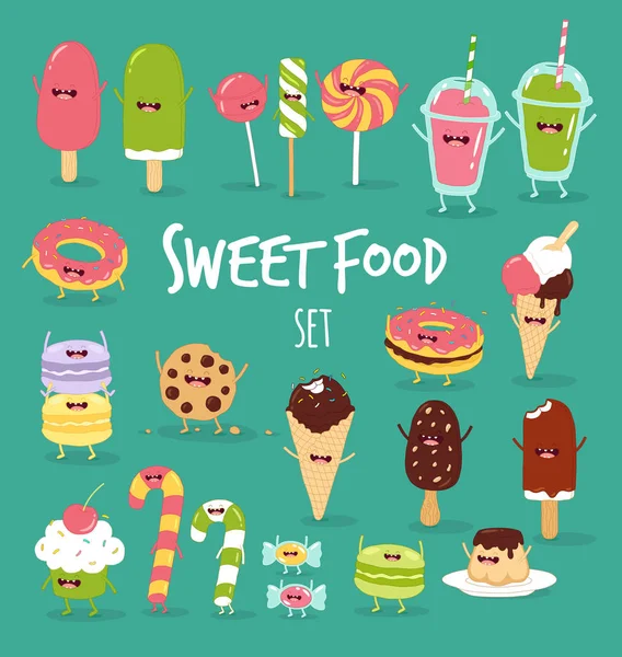 Ποικιλία Γλυκιά Τροφή Εικονογράφηση Φορέα Σύνολο Των Εικονιδίων Μπλε Φόντο — Διανυσματικό Αρχείο