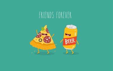 yeşil arka plan üzerinde renkli komik lokanta simgelerin vektör çizim tasarım. Pizza ve bira 