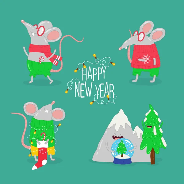 Feliz Año Nuevo Cartel Con Ratas Divertidas Lindo Fondo Festivo — Archivo Imágenes Vectoriales