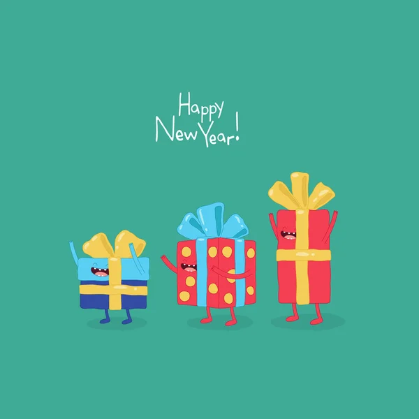 Ευτυχισμένο Νέο Έτος Κάρτα Εορταστικές Κουτιά Δώρων — Διανυσματικό Αρχείο