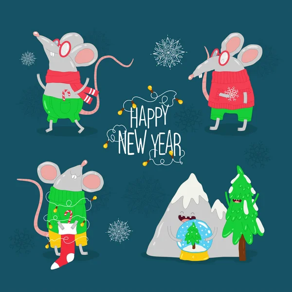 Feliz Año Nuevo Cartel Con Ratas Divertidas Lindo Fondo Festivo — Archivo Imágenes Vectoriales