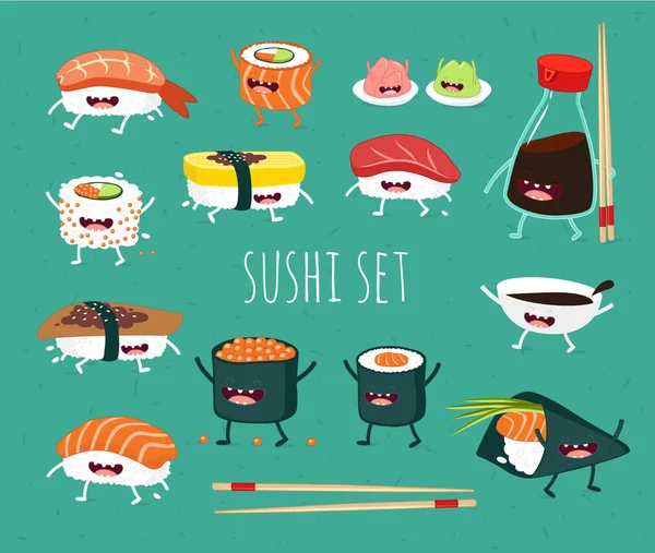 Cute Sushi Set Fun Food — Stock Vector