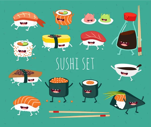 Mignon Ensemble Sushi Nourriture Amusante — Image vectorielle