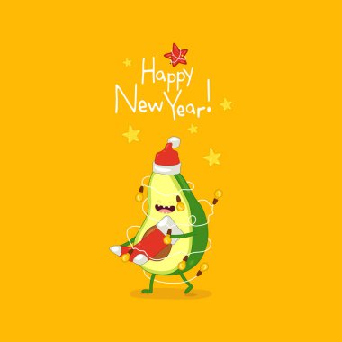 Avokado Noel çorabını tutuyor ve sarı arka planda yeni yılı kutluyor. 