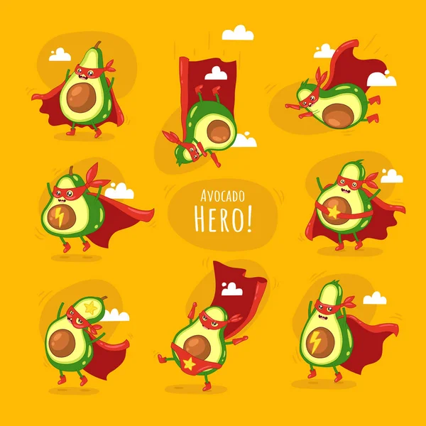 Conjunto Aguacates Superhéroe Lindo Capas Rojas Sobre Fondo Amarillo — Vector de stock