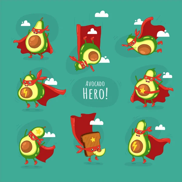 Conjunto Aguacates Lindo Superhéroe Con Pan Tostado Superhéroe Capas Rojas — Vector de stock