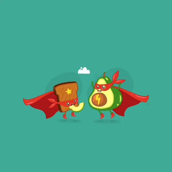 可爱的超级英雄鳄梨与超级英雄面包吐司在绿色背景的红色斗篷 — 图库矢量图片
