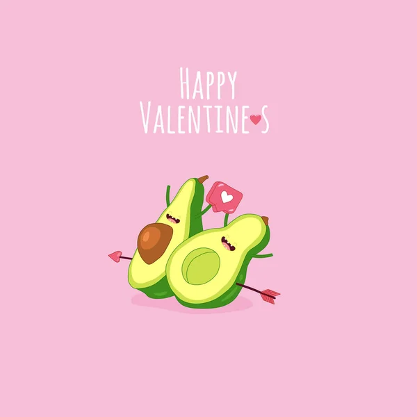 Modello Carta San Valentino Con Coppia Avocado Carino Semplicemente Illustrazione — Vettoriale Stock