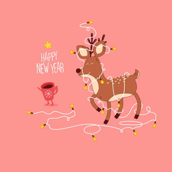Christmas Card Template Deer Simply Vector Illustration — Stock Vector
