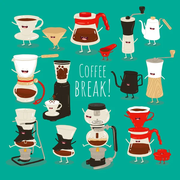 Kaffeezubereitungsmethoden Illustrationsset Sammlung Von Vektor Kaffeemaschinen Siphon Kaffeetassen Töpfen Und — Stockvektor