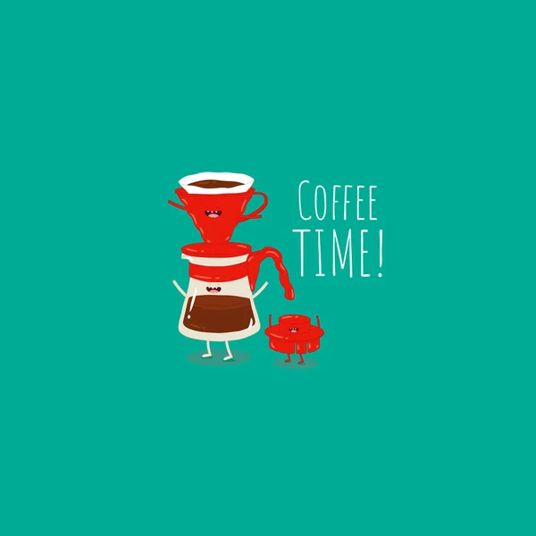 コーヒーメーカーのイメージにコーヒードリッパーフィルターを注ぐ 赤いカップ 円錐紙 コーヒーサーバーとコーヒーを醸造するための面白いデバイス — ストックベクタ