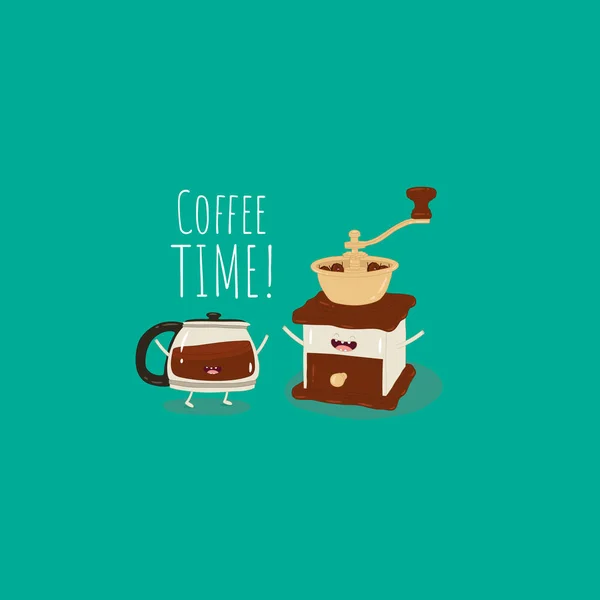 コーヒー醸造方法 レトロなコーヒーグラインダーとティーポット 面白いコーヒーだ 可愛い画像 永遠に友達だ ベクターイラスト — ストックベクタ