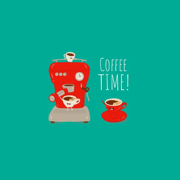 Koffiemachine Die Koffie Zet Grappige Witte Beker Rode Beker Grappig — Stockvector