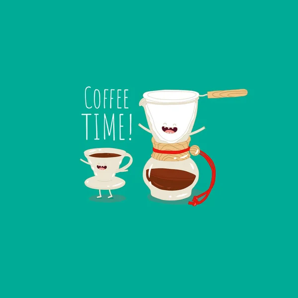 咖啡酿造方法 咖啡滤清器倒入造物主的形象 有趣的食物 矢量说明 — 图库矢量图片