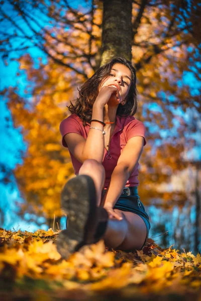 Sunset Portrait Beautiful Young Woman Autumn Park — Stock Photo, Image