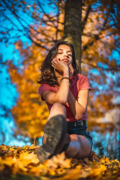 Ηλιοβασίλεμα Πορτρέτο Της Όμορφης Νεαρής Γυναίκας Στο Πάρκο Φθινόπωρο — Φωτογραφία Αρχείου