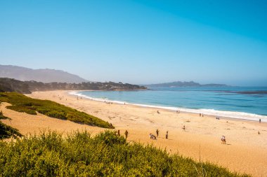 Mavi gökyüzüne karşı sakin plaj sahnesi