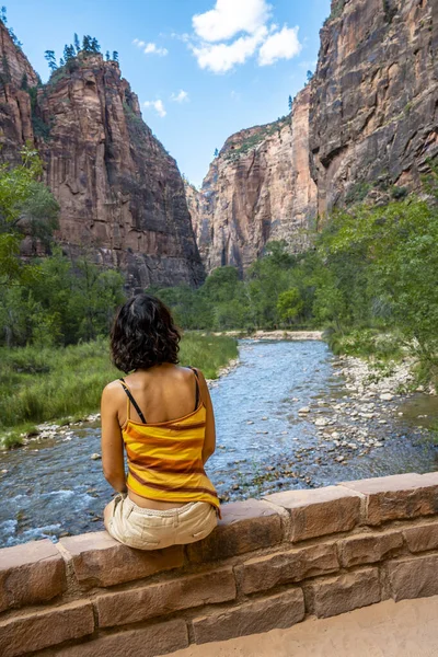 Mujer Mirando Rocas Parque Nacional Zion Utah Estados Unidos — Foto de Stock